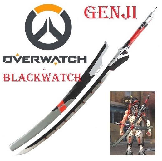 Katana blackwatch di genji per cosplay - spada ninja fantasy argentata da collezione del videogioco overwatch con espositore da tavolo.